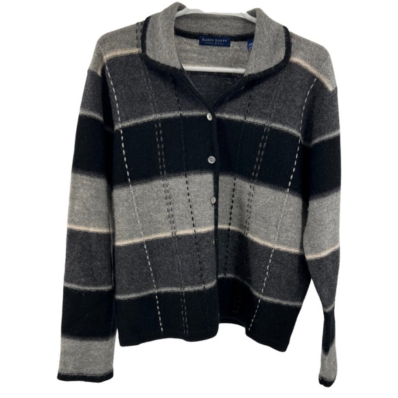 Karen Scott L wool striped button up sweater cardigan neutral winter casual work - Picture 1 of 10